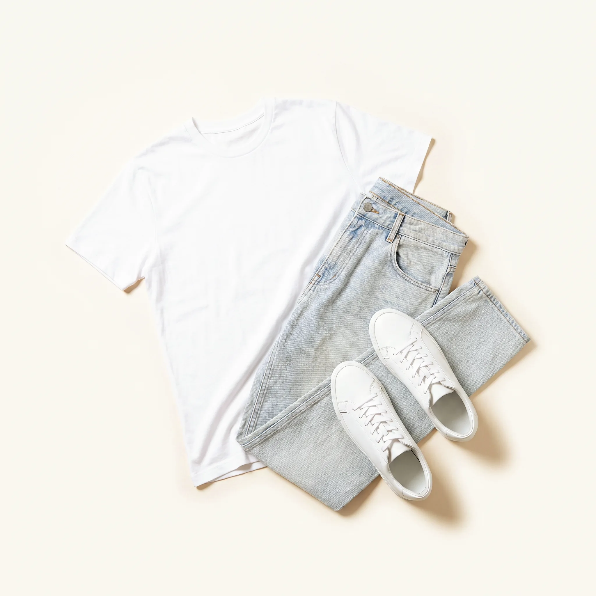 A sparse capsule flatlay on cream — a few light, essential pieces, folded.