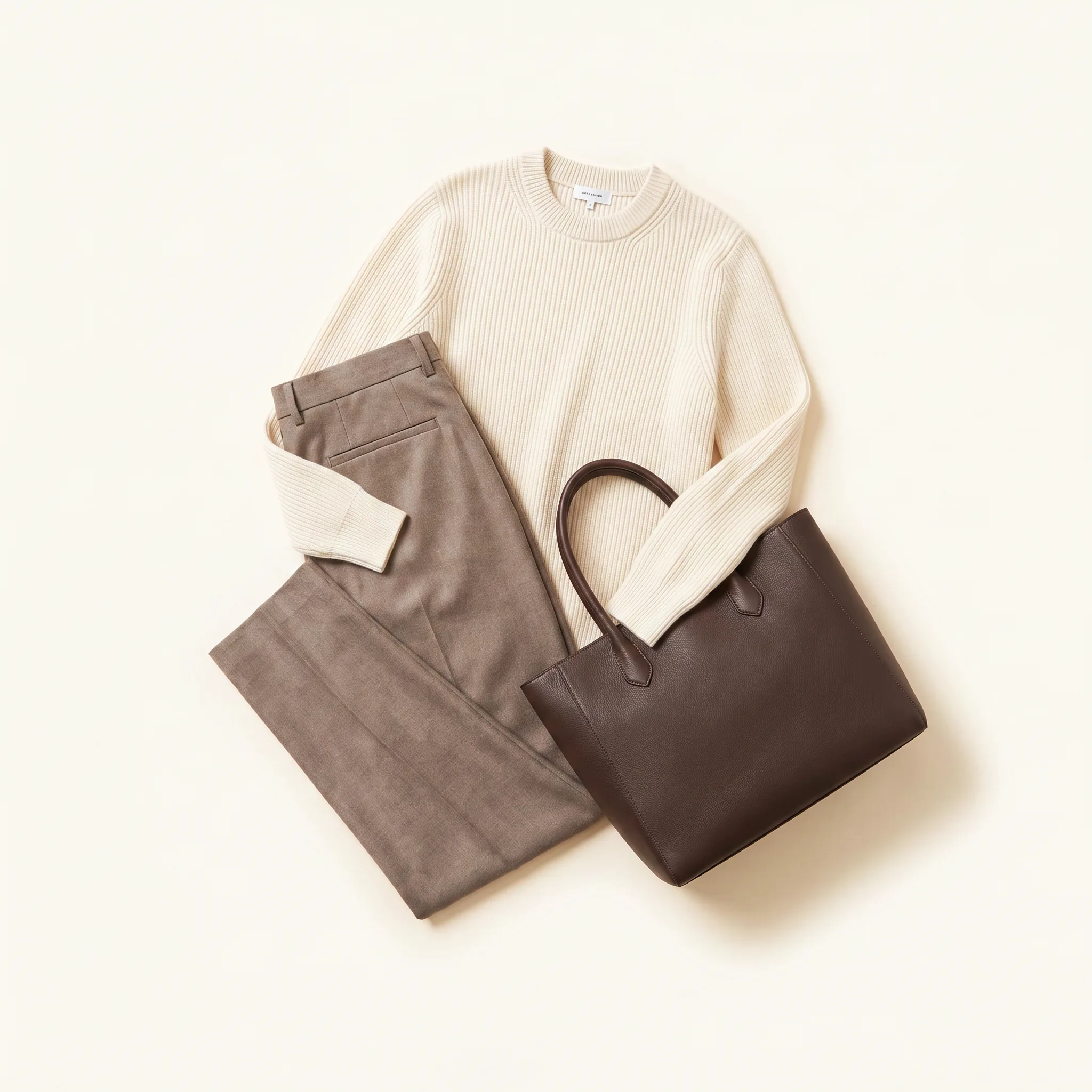 A dense flatlay of camel, cream and taupe layers — fewer, better pieces.