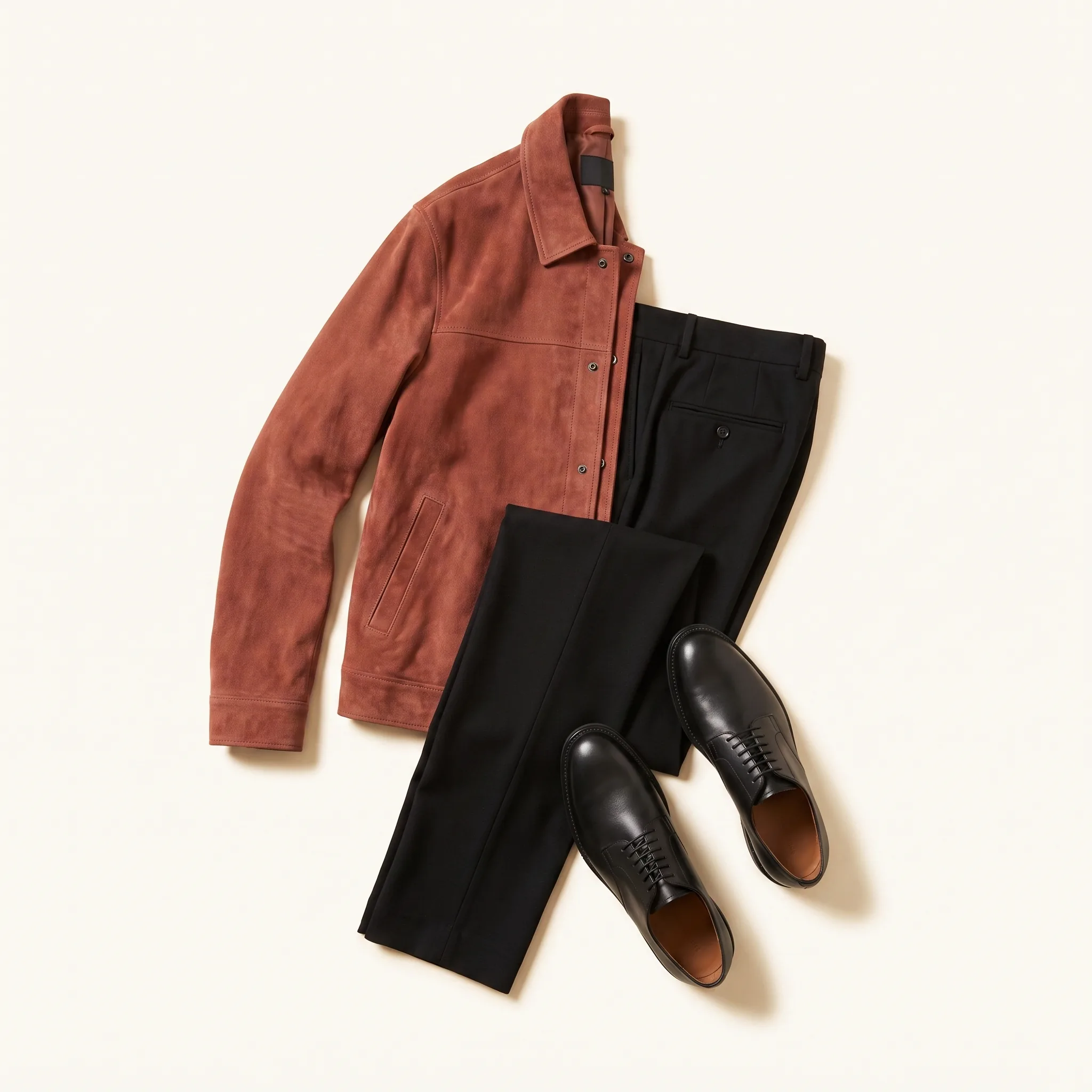 A dark, high-contrast flatlay — statement pieces set against the cream field.