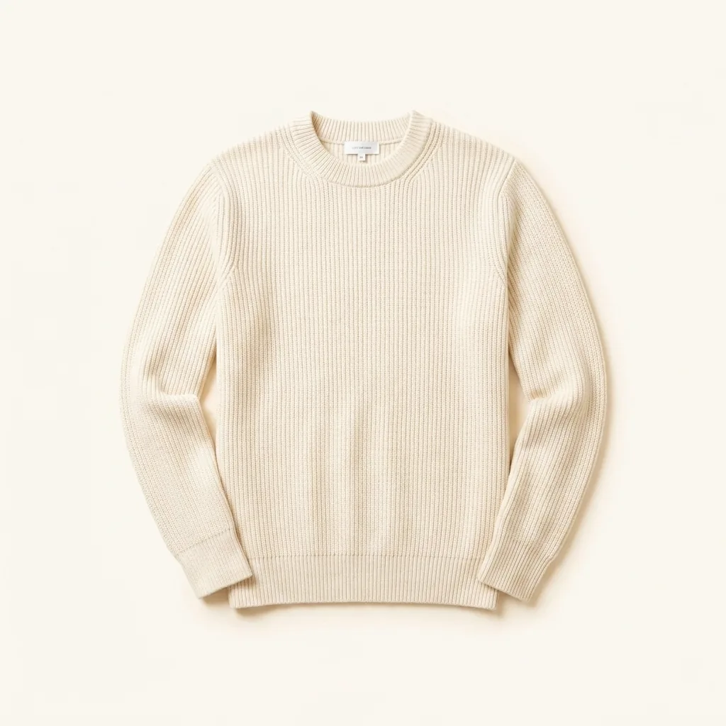 A cream knit sweater, photographed flat on cream.
