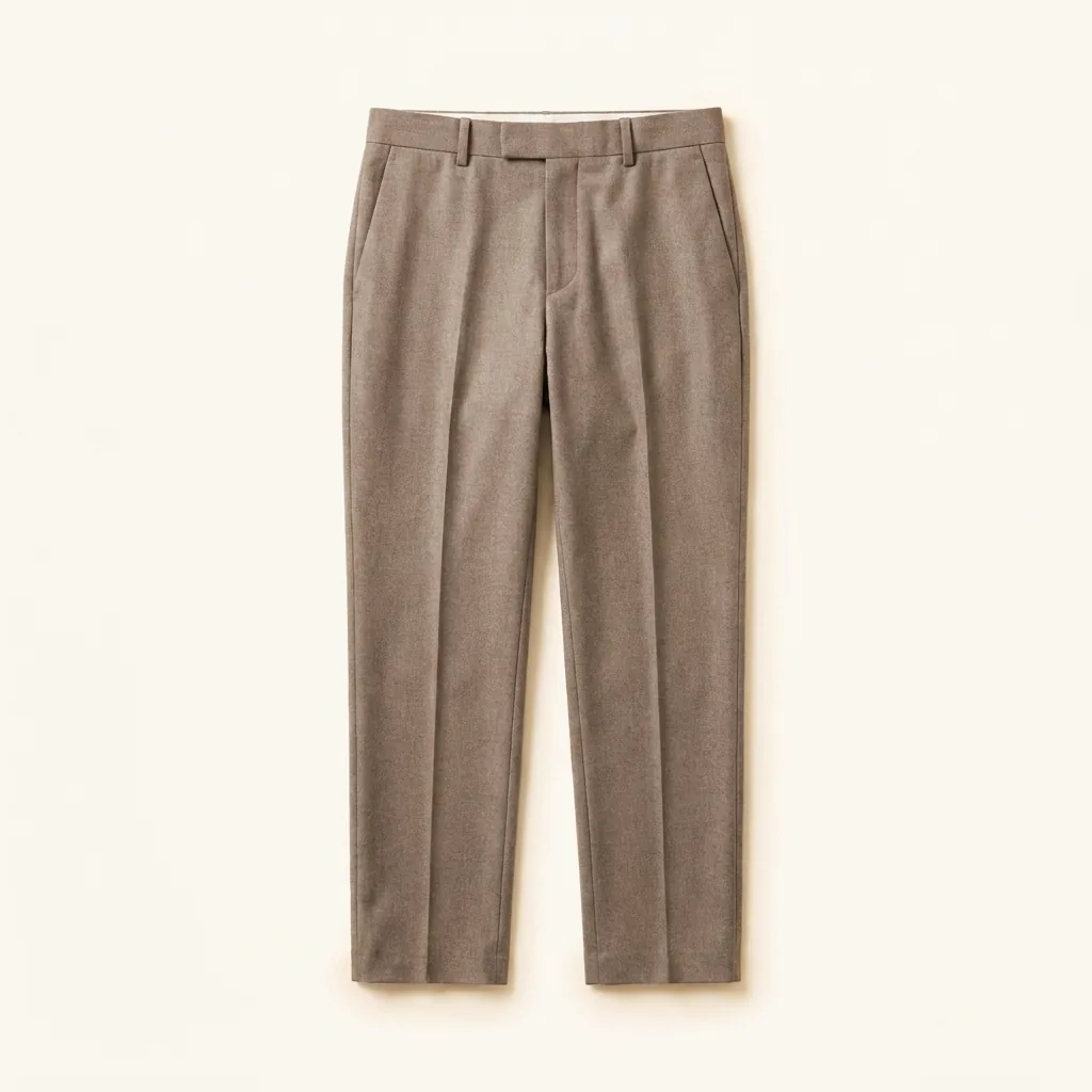 Taupe wool trousers, photographed flat on cream.