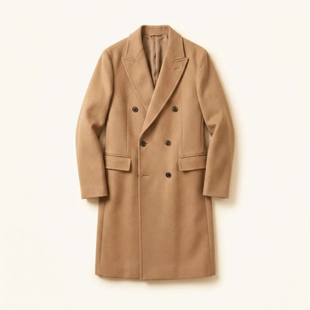 A camel wool overcoat, photographed flat on cream.