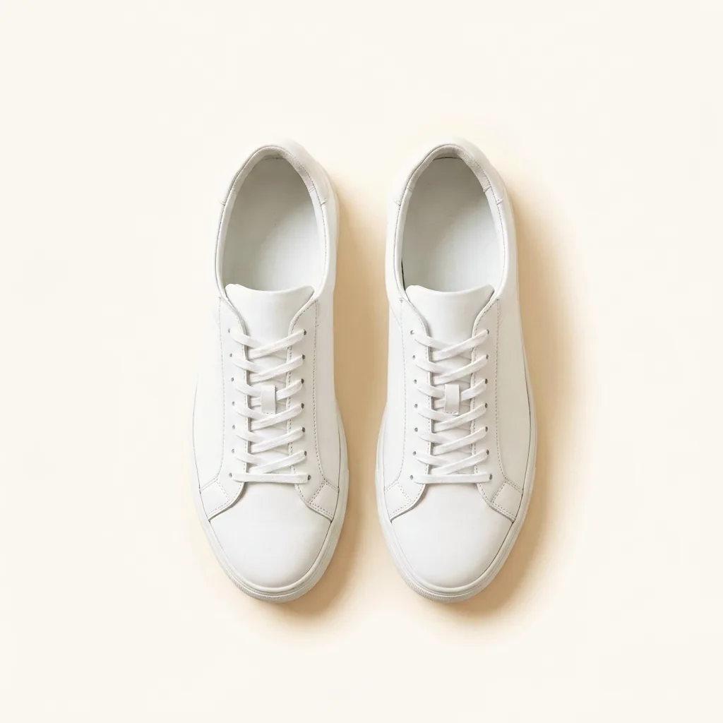 White leather sneakers, photographed flat on cream.