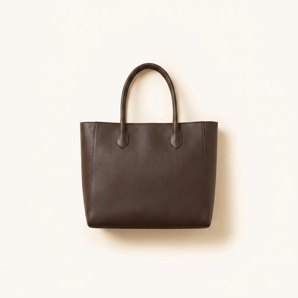 An espresso leather tote, photographed flat on cream.