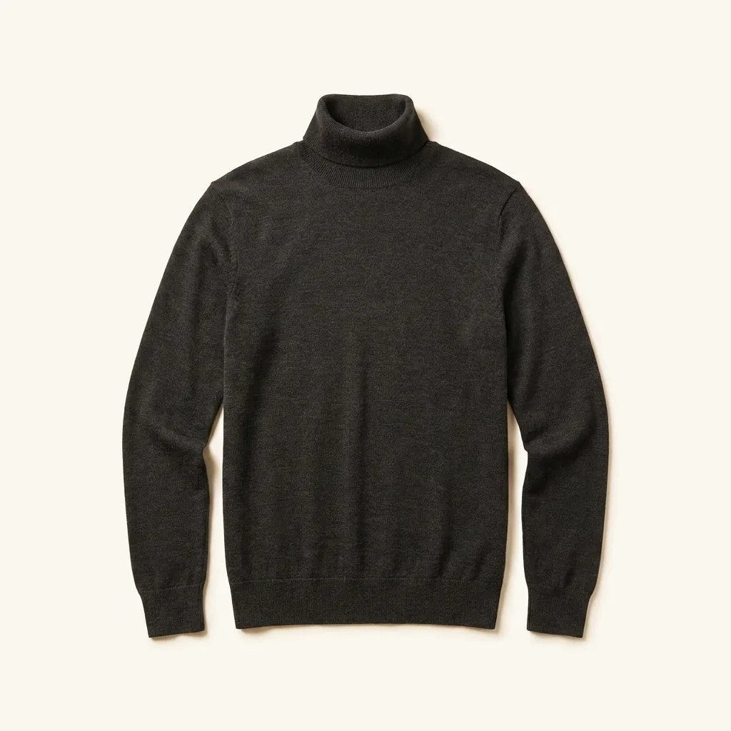 A charcoal turtleneck, photographed flat on cream.