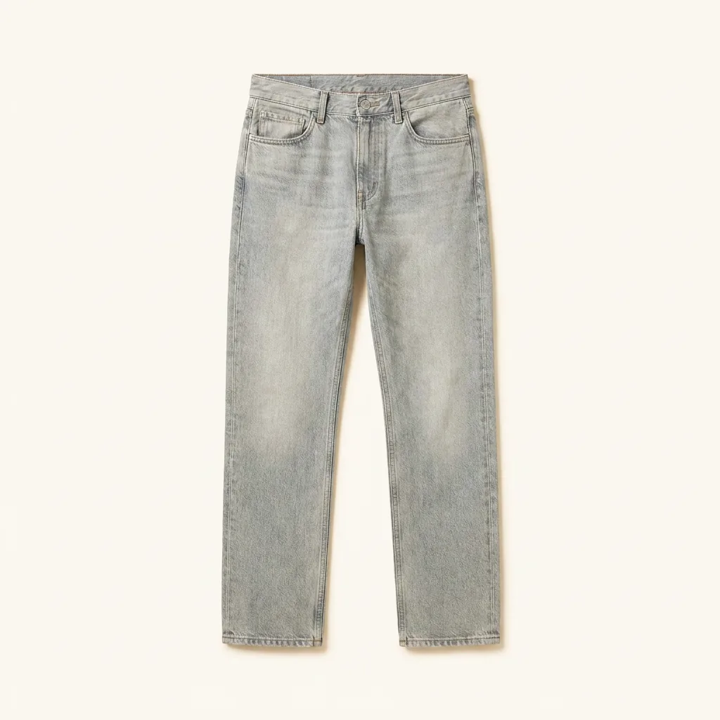 Washed indigo denim, photographed flat on cream.