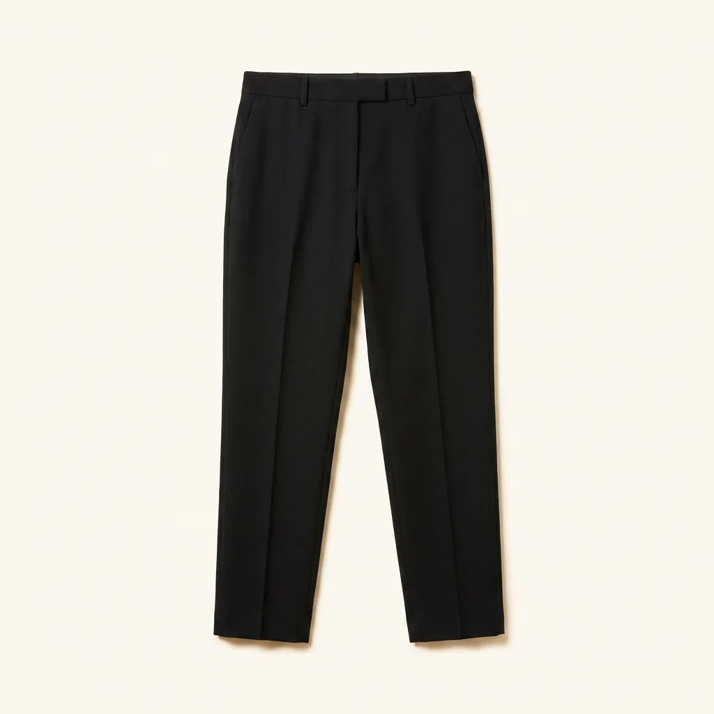 Black tailored trousers, photographed flat on cream.