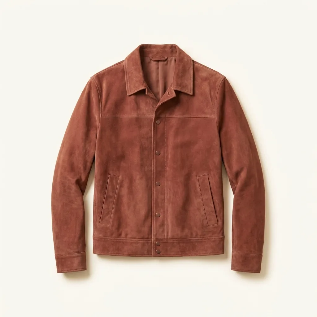 A rust suede jacket, photographed flat on cream.
