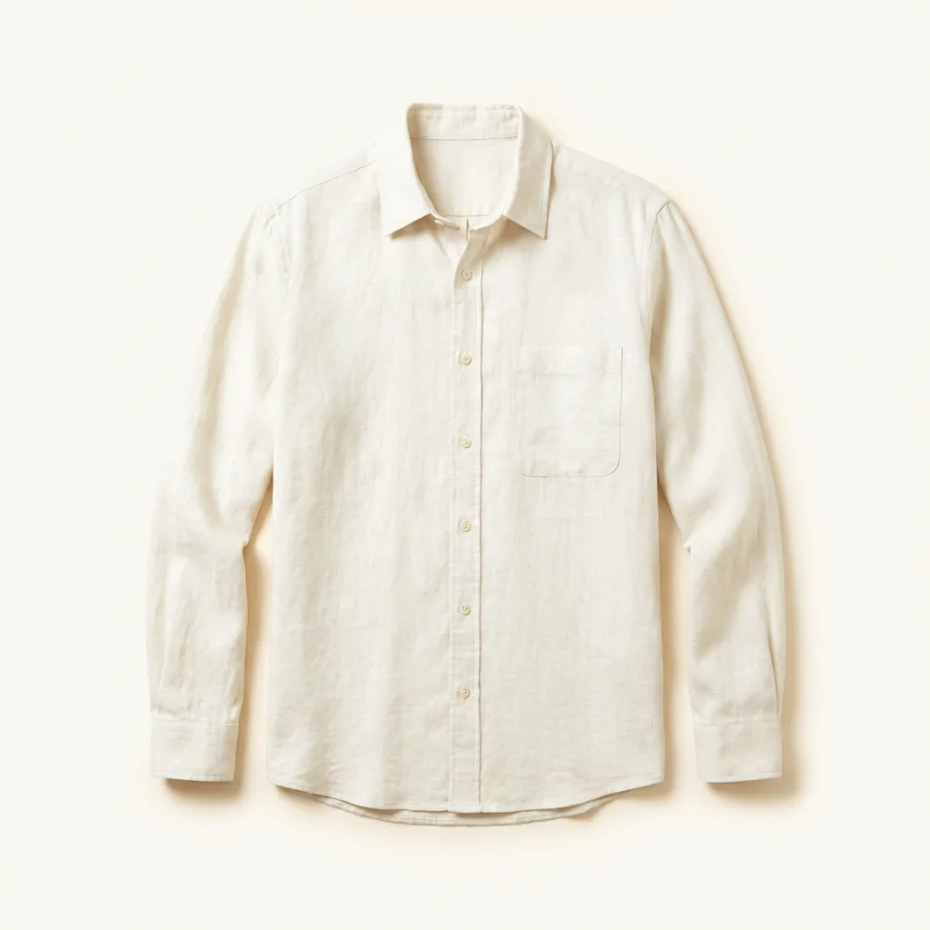An ecru overshirt, photographed flat on cream.