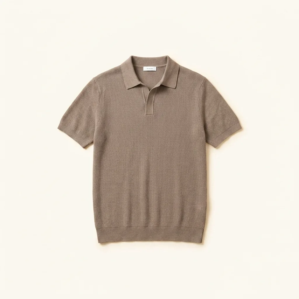 A taupe knit polo, photographed flat on cream.