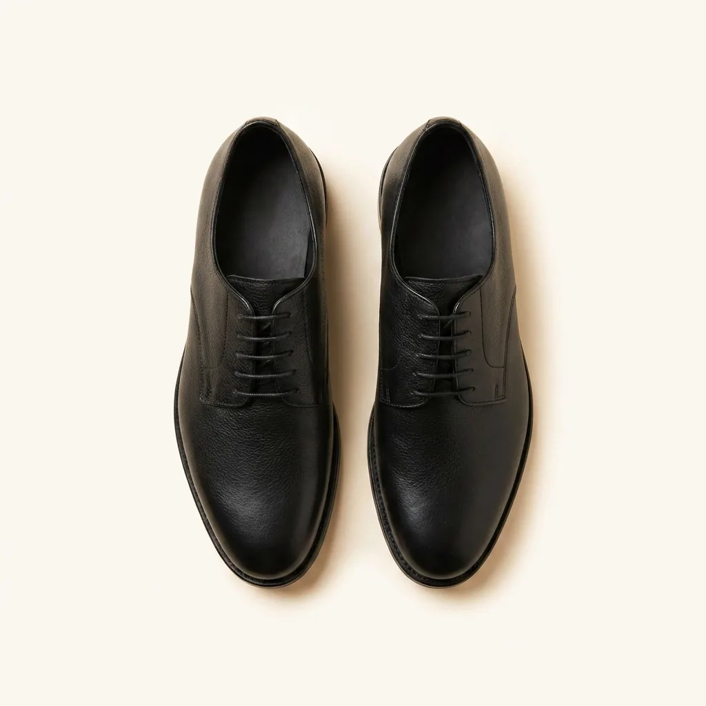 Black leather derbies, photographed flat on cream.