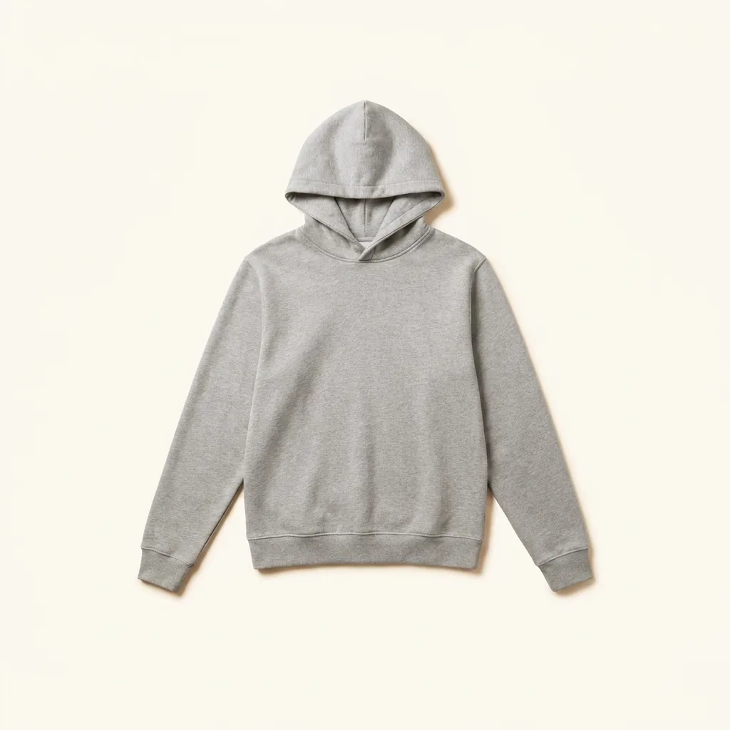A grey hooded sweatshirt, photographed flat on cream.