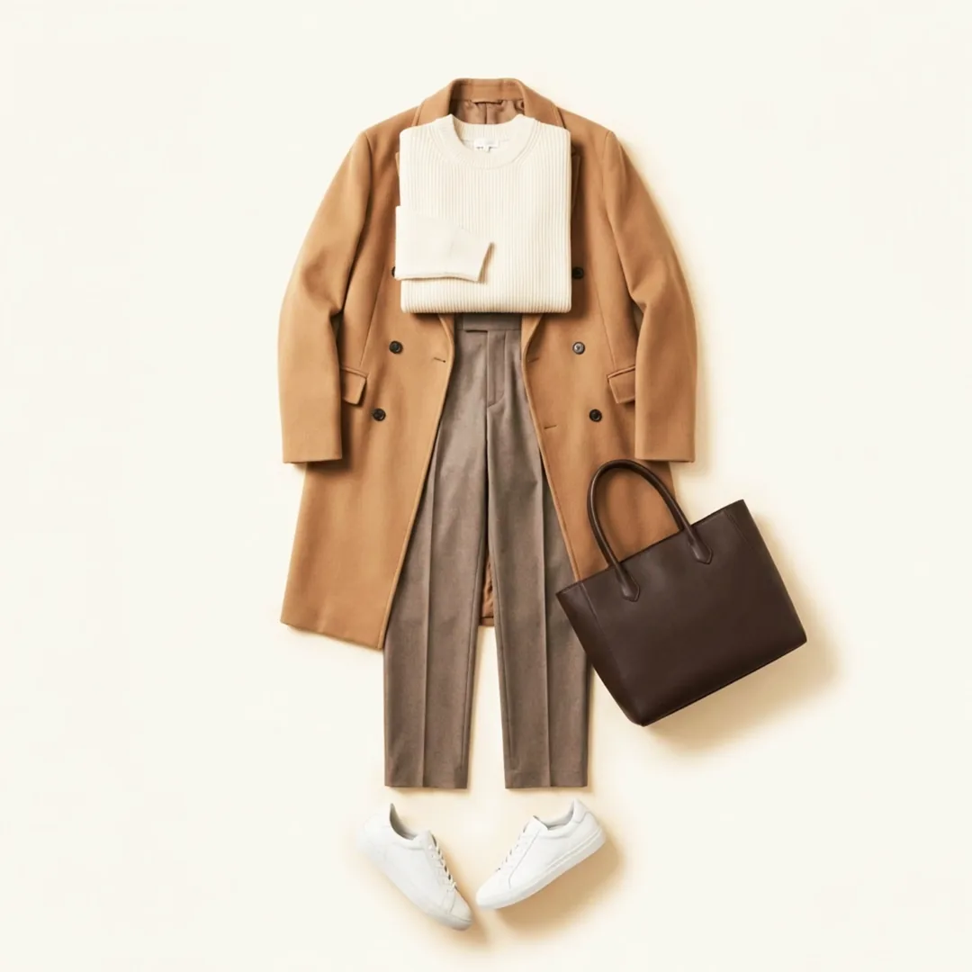 A camel overcoat, cream knit, taupe trousers, leather tote and white sneakers, composed as one outfit on cream.