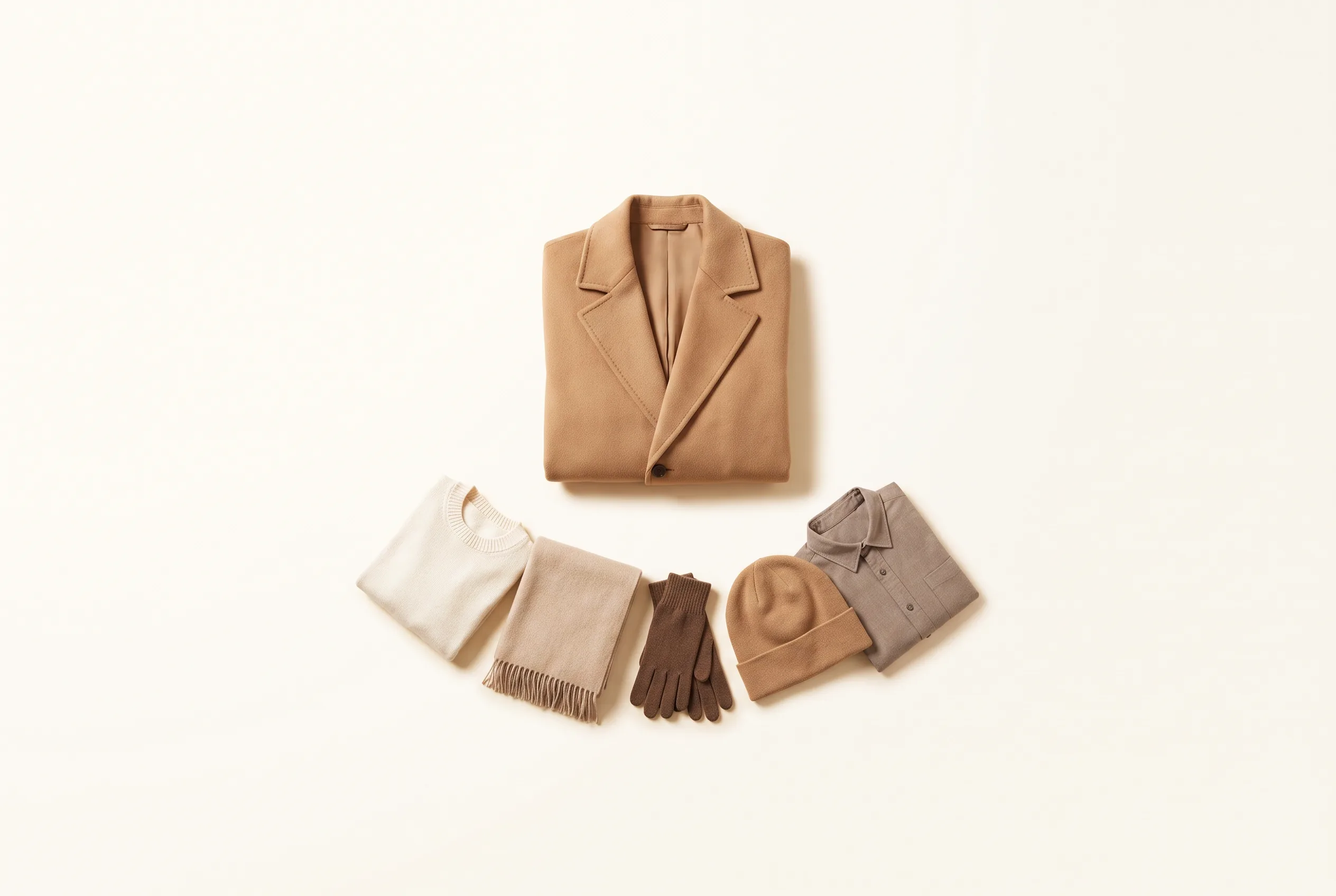Five garments arranged in a considered arc on cream — a formula laid out.